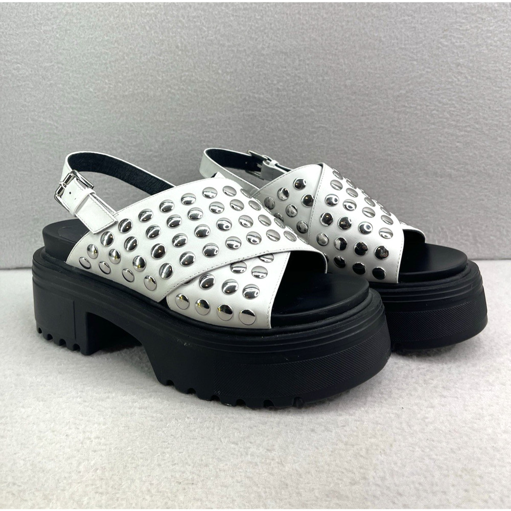 White Platform Wedge Sandals Women’s 9 Shellys London Studded Peep Toe